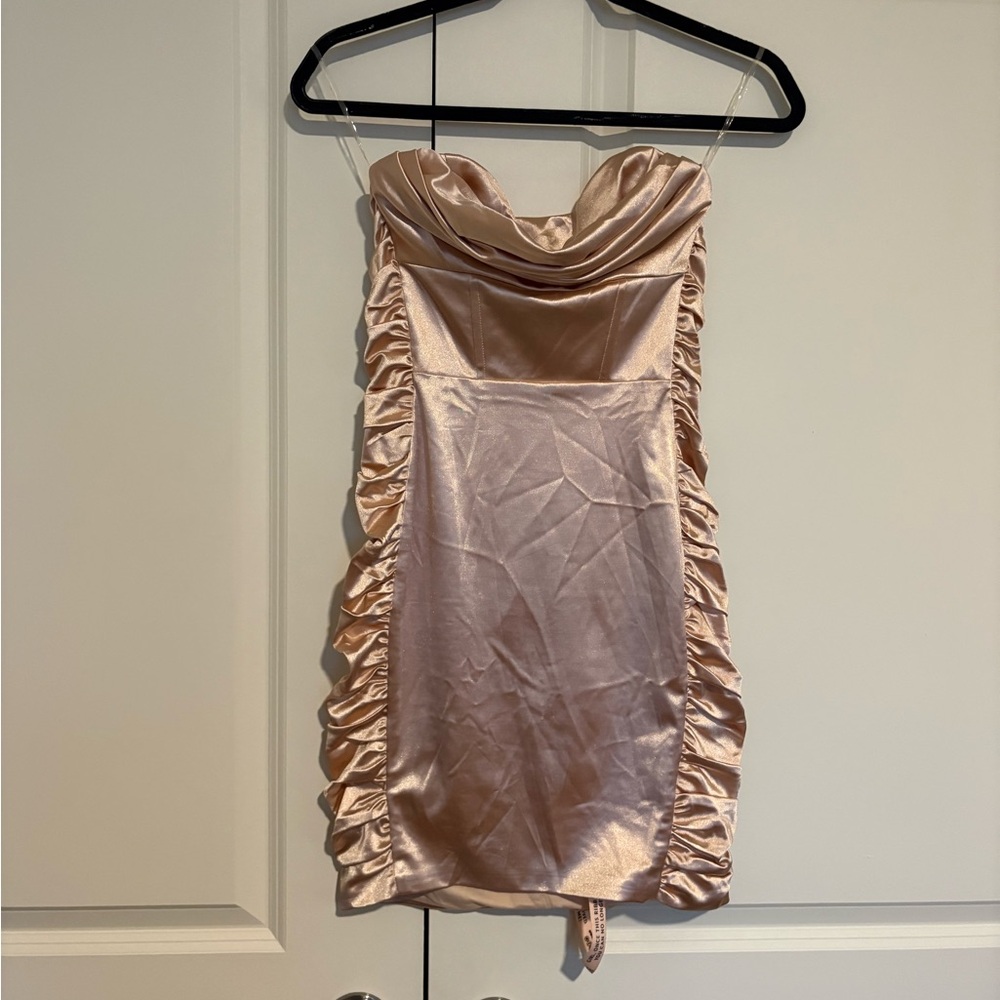 Oh Polly Champagne Satin Cowl Neck Ruched Side Mini Dress